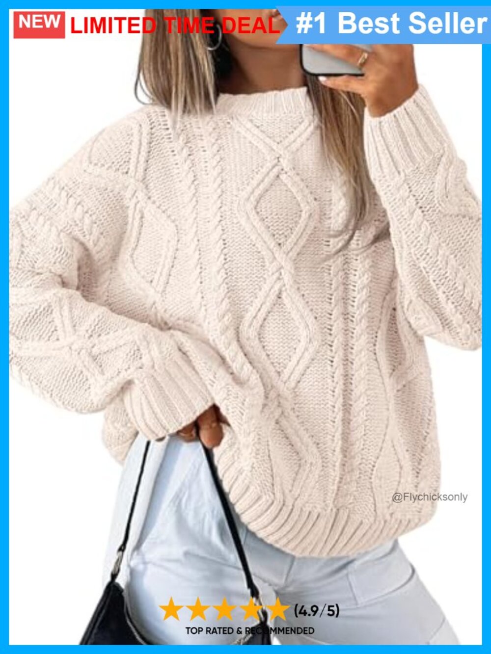 Oversized Cable Knit Pullover Sweater Cotton Blend Crew Neck